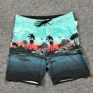 Burnside Mens Board Shorts Size 32 Aqua Palm Island Print Pull On Swim Trunks